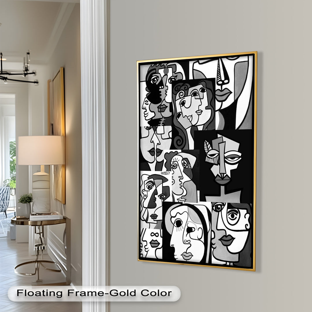 Monochrome Muse – Picasso-inspiriertes Ölgemälde mit kubistischen Gesichtern