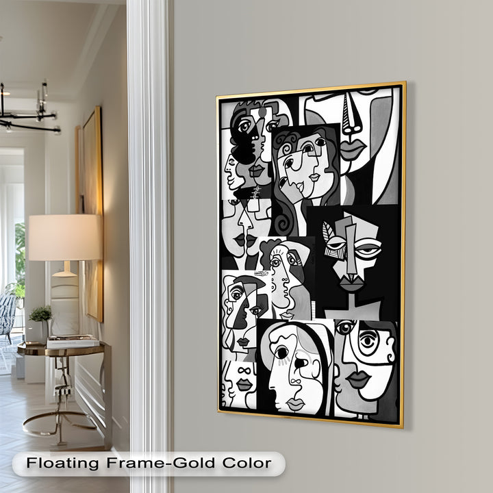 Monochrome Muse – Picasso-inspiriertes Ölgemälde mit kubistischen Gesichtern