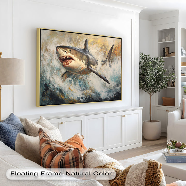 Ferocious Great White Shark Leaping Through Waves - Animal Oil Painting