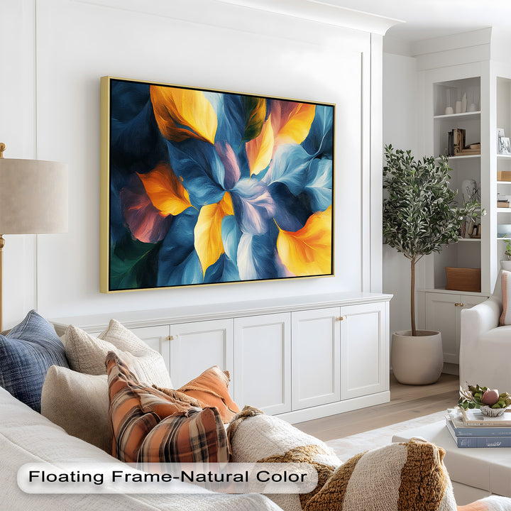 Colorful botanical wall art featuring rich blues, yellows, and pink accents.
