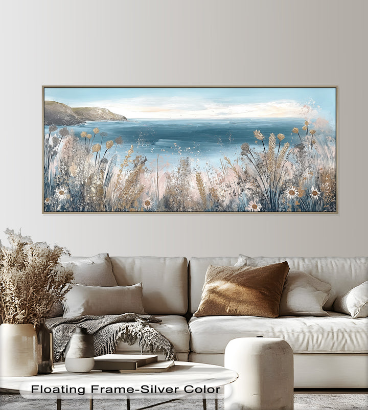 Wildflower Coastal View Landscape - Framed Oil Painting