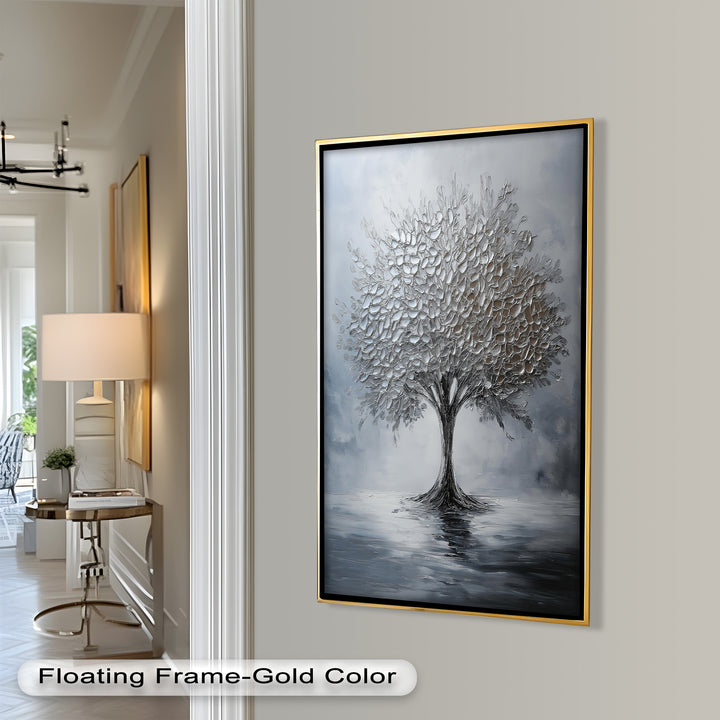 Silver Stillness – Tree in Monochrome Abstract Oil Painting