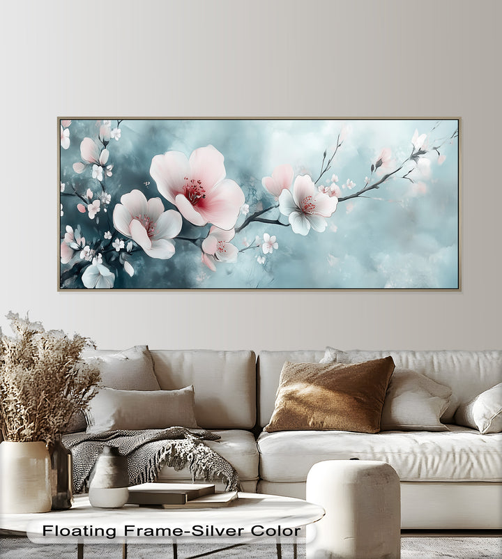 Soft Pink and White Petals on Tranquil Blue - Flower Oil Painting