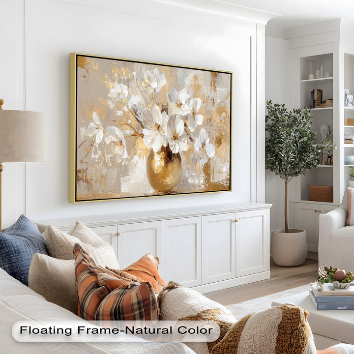 Golden Vase with White Florals – Flower Oil Painting