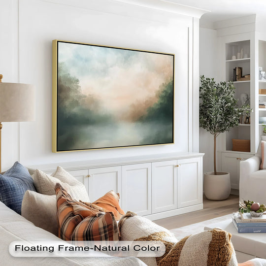 Visual rhythm is created in this abstract oil painting artwork with its soft brushstrokes and complementary colors, showcasing a framed oil painting in an elegant setting.