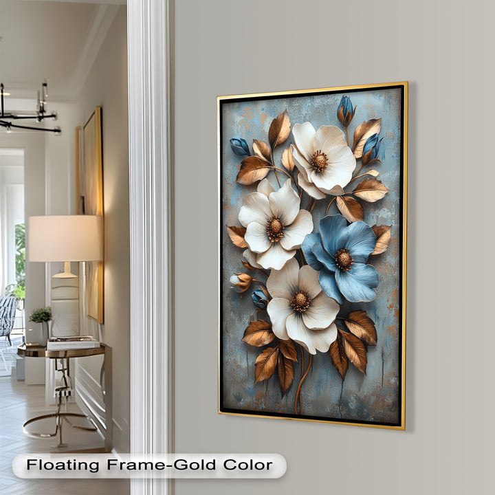 Gilded Petals – Luxuriöses Ölgemälde mit weißen und blauen Blumen