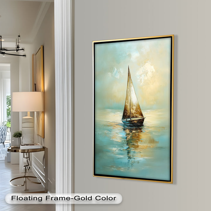 Golden Drift – Ruhiges Segelboot bei Sonnenaufgang, Boot-Ölgemälde