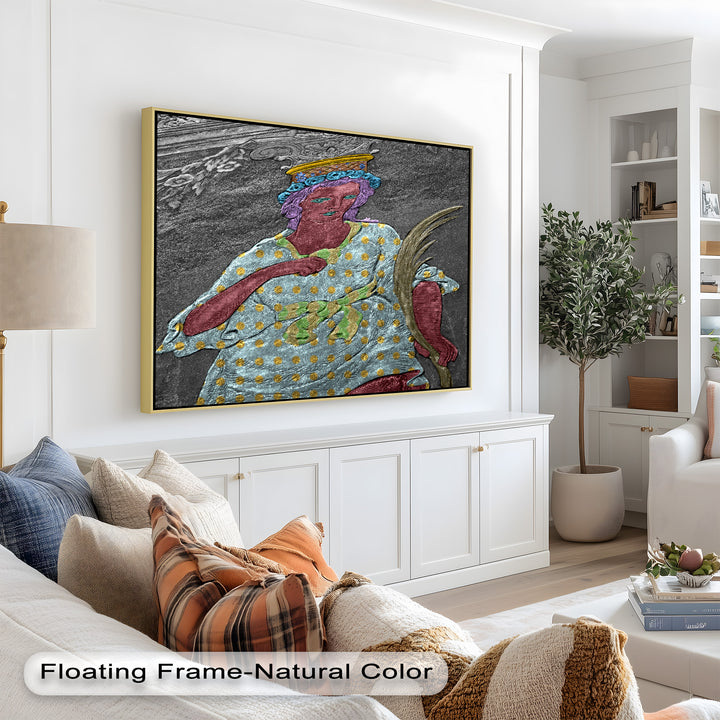 Geheiligte Blüte – Polychromes Engelrelief-Ölgemälde