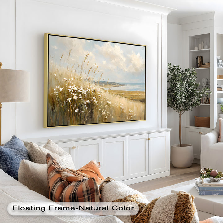 Expressive brushstrokes bring texture and movement to this breathtaking coastal artwork, where a golden hillside meets the endless horizon of sky and water.