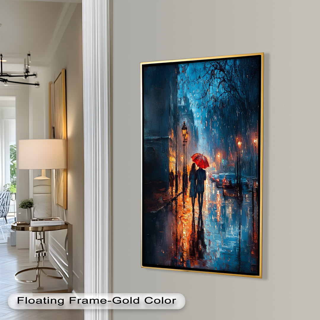 Lovers in the Rain – Romantic Night Street Oil Painting