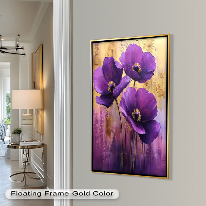Velvet Blossoms – Purple Floral Elegance with Gold Flower Oil Painting