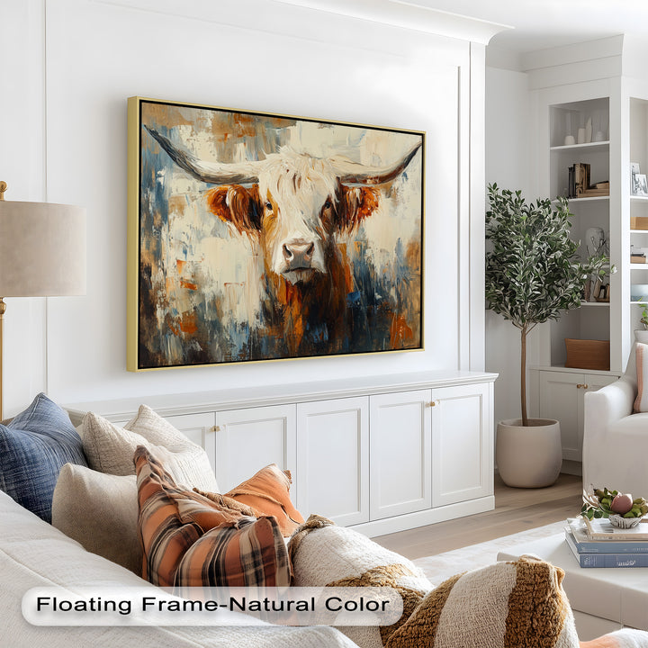 Highland Cow with White Horns – Animal Oil Painting