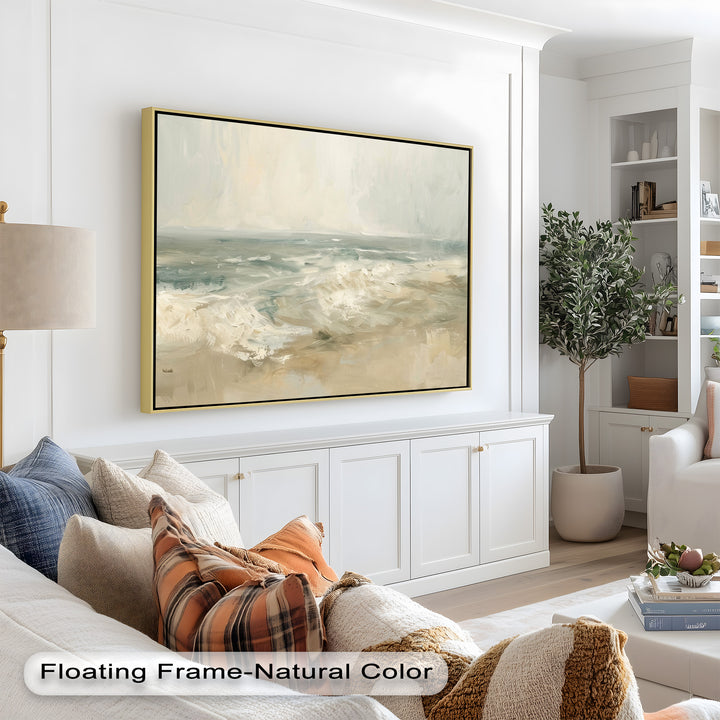 Modern Earthy Green Abstract Landscape – Coastal Serenity Oil Painting
