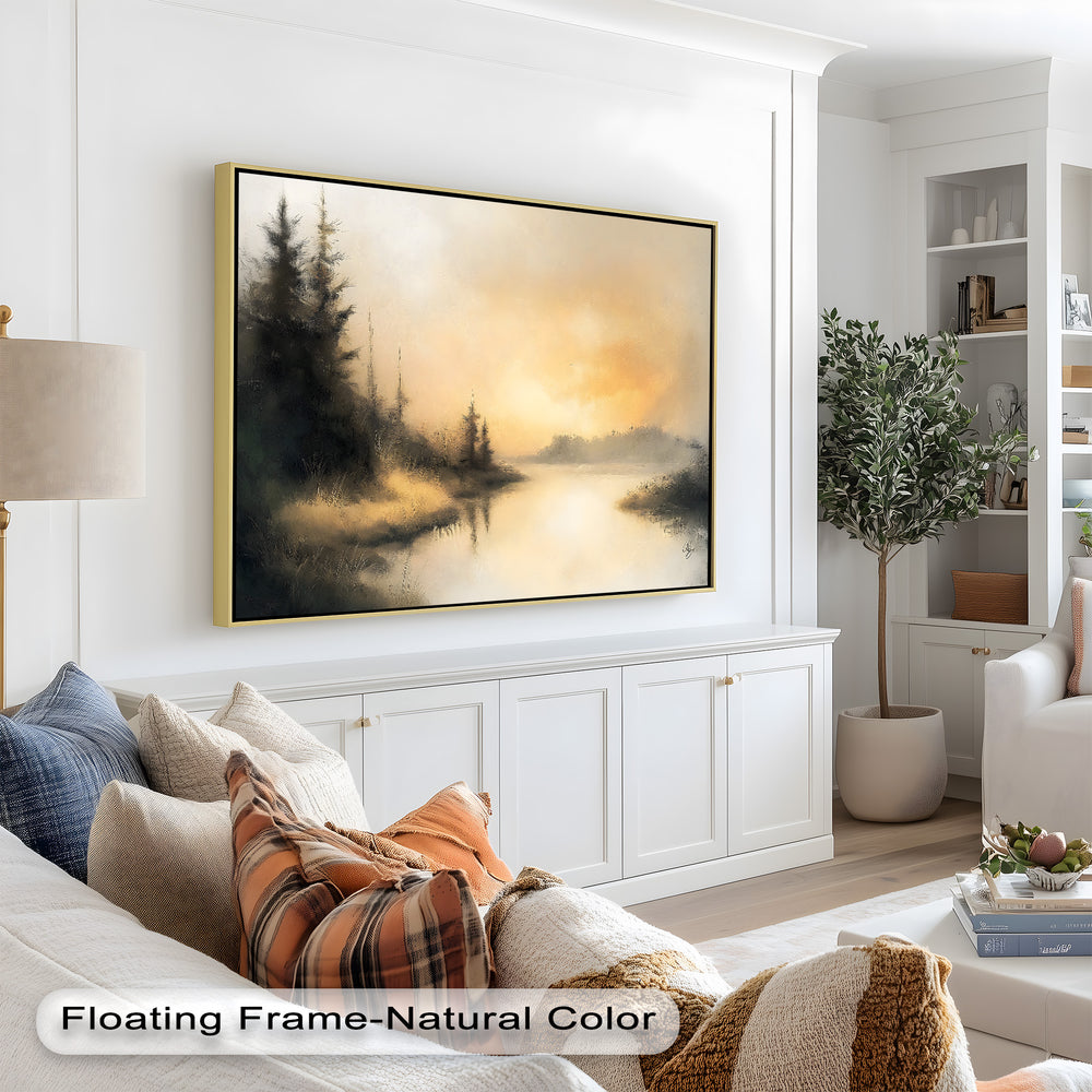 A beautifully tranquil nature scene showcasing evergreen trees along a quiet riverbank, bathed in warm morning light.