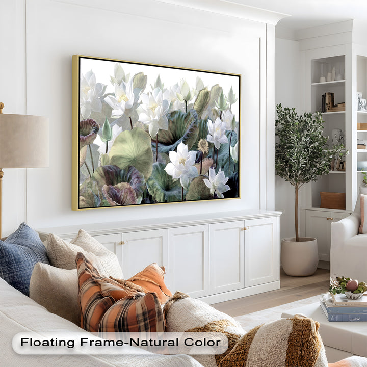 A stunning botanical painting capturing the grace of blooming lotus flowers with intricate details, gentle color transitions, and a harmonious natural balance
