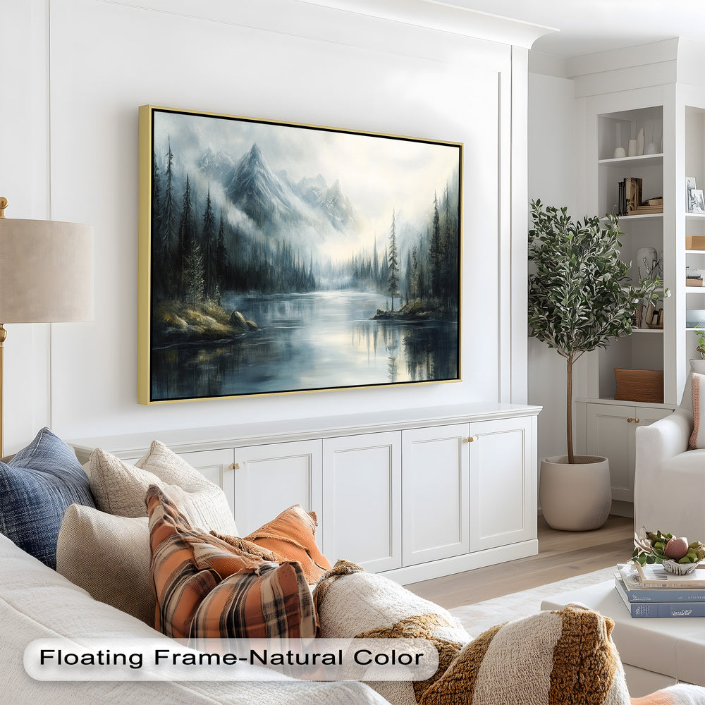 This breathtaking landscape painting captures the serene beauty of a remote alpine lake, enveloped in soft fog with jagged mountain peaks rising dramatically in the distance.