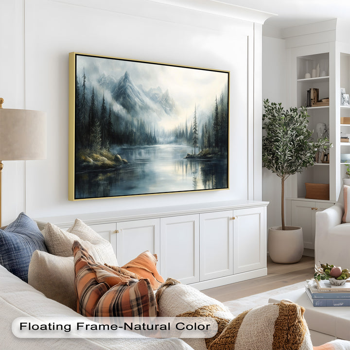 This breathtaking landscape painting captures the serene beauty of a remote alpine lake, enveloped in soft fog with jagged mountain peaks rising dramatically in the distance.