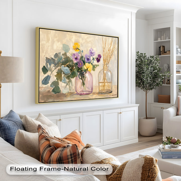 A beautifully textured still-life painting showcases the timeless beauty of nature, as soft petals and dried grasses are arranged in glass vases, bathed in warm, natural light.