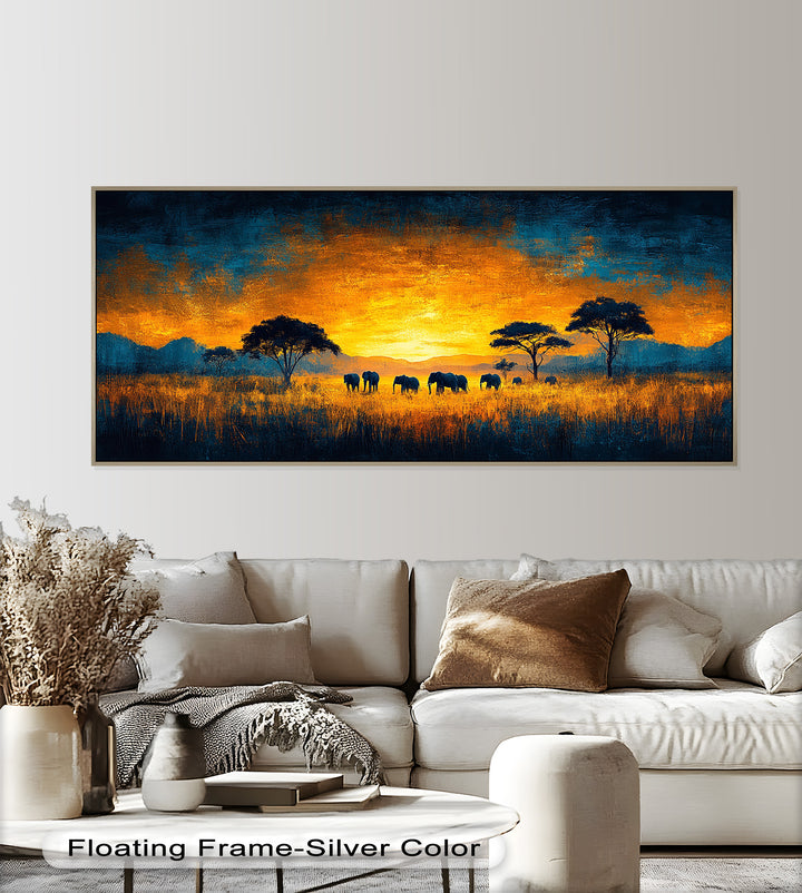 Golden Savannah Sunset – Elephant Silhouette Oil Painting