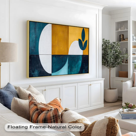 Quality construction is evident in this Botanical Shapes Abstract oil painting art prints, highlighting the texture and rich colors of teal and gold.
