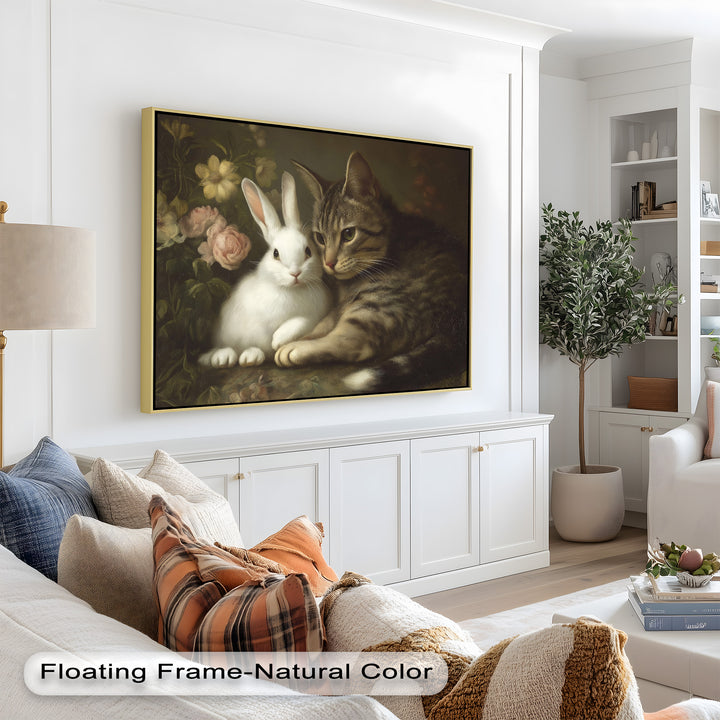 Cat and Rabbit in Floral Harmony - Animal Oil Painting