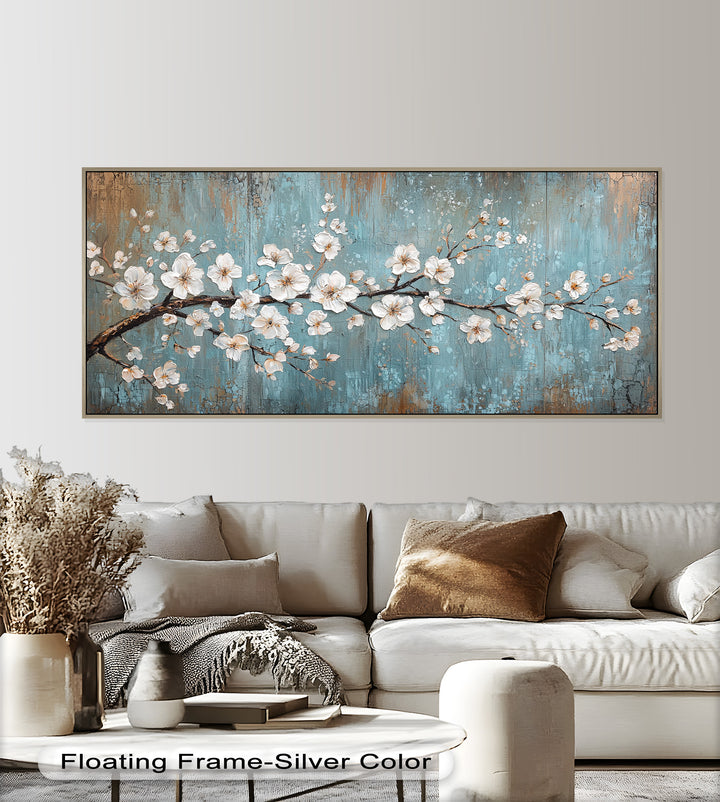 White Blossoms on Blue Textured Branch - Flower Oil Painting