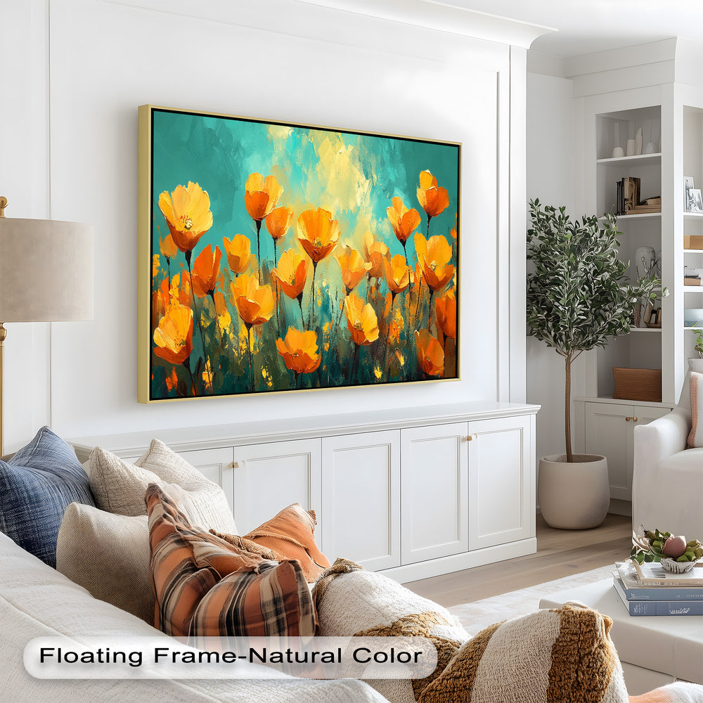 A cheerful floral painting of orange flowers dancing in the sunlight, set against a dreamy turquoise background.