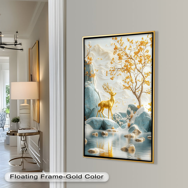 Golden Deer in Snowy Mountain - Animal Oil Painting