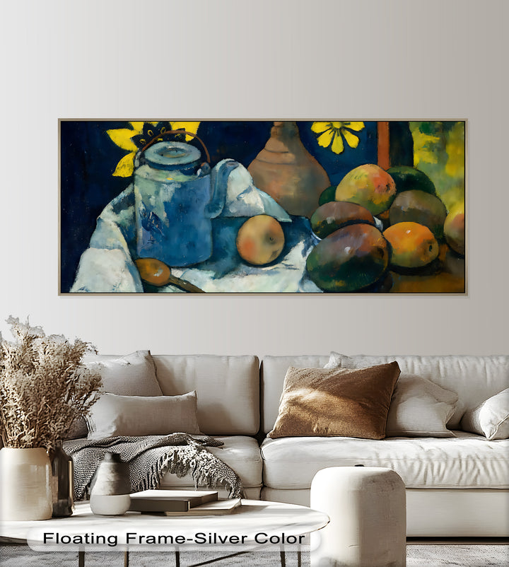 Rustikales Stillleben mit Mangos und Teekanne – Food Paintings
