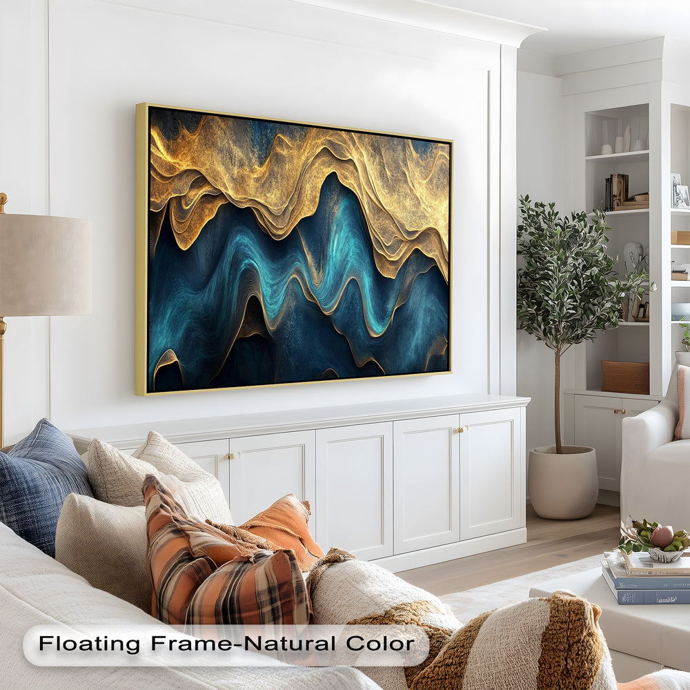 Modern wall art featuring luminous gold textures and swirling blue forms.
