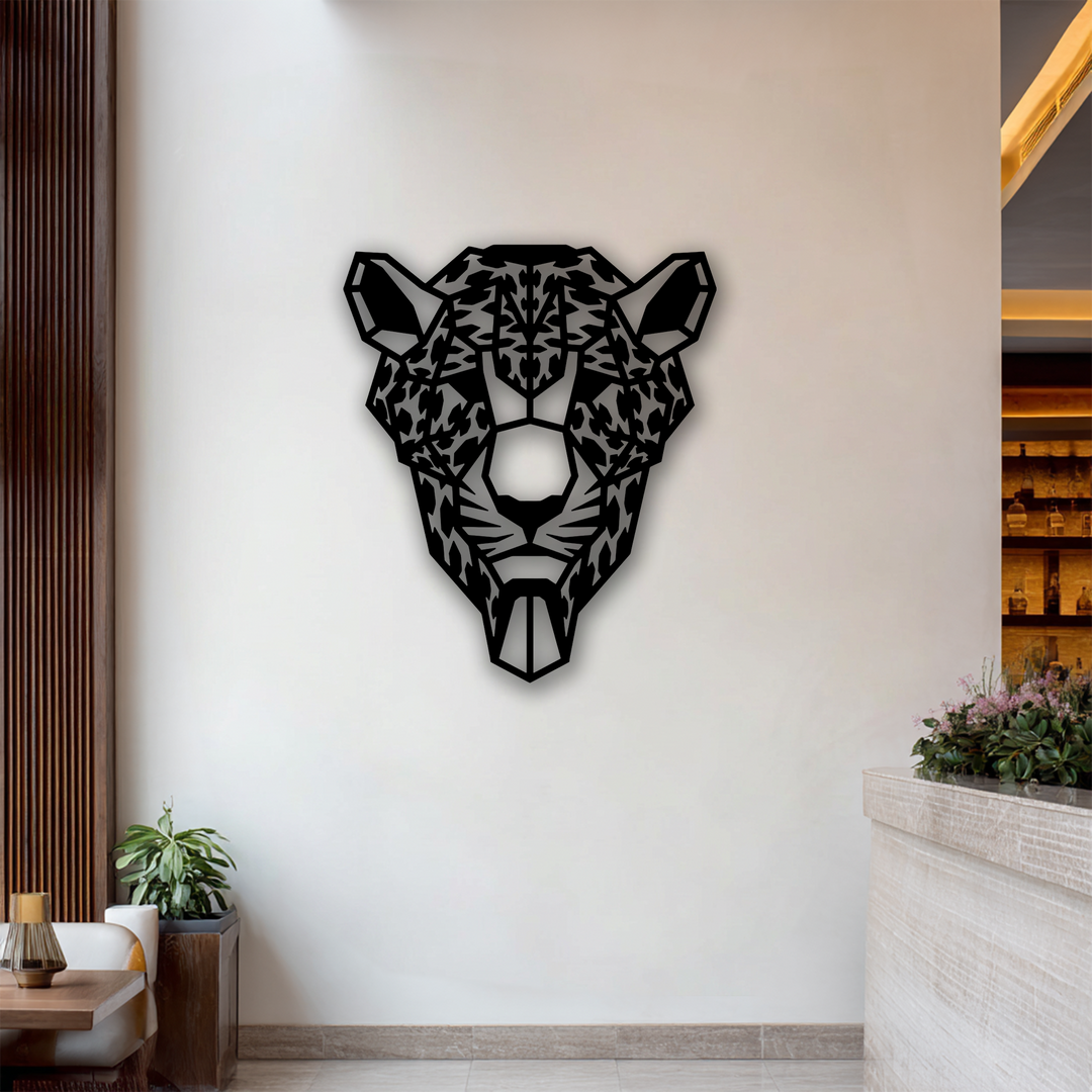 The impressive mood of modern wild strength decor is captured by the striking geometric tiger head metal artwork in a contemporary setting.