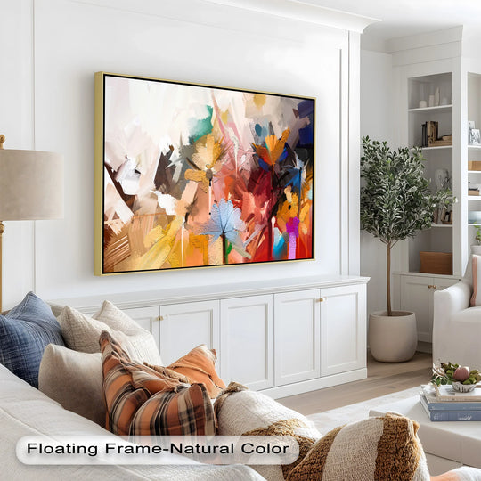 Bold, vibrant brushstrokes create a captivating abstract floral design in this contemporary oil painting decoration, the central subject featuring rich hues of blue, red, and gold.