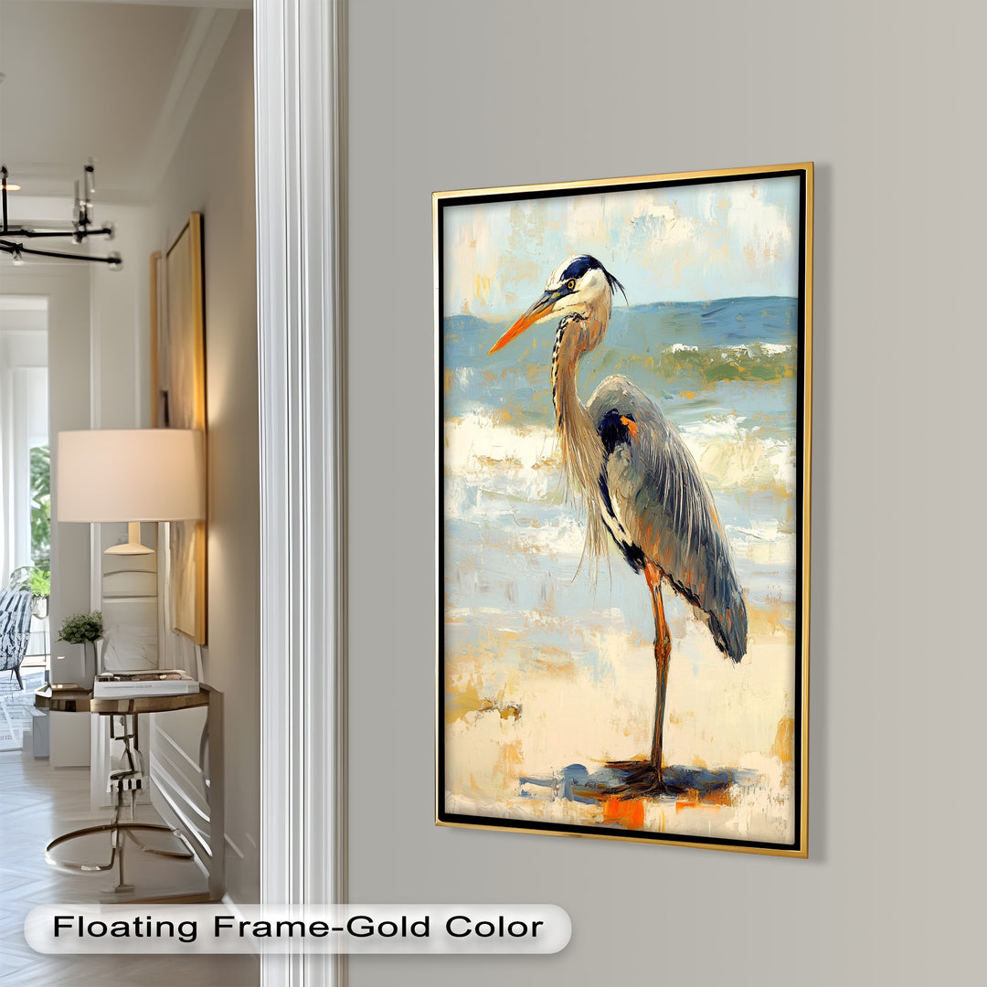 Elegant Heron Standing on Shoreline – Framed Oil Painting