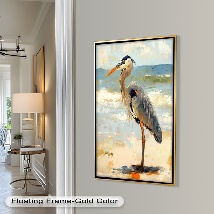 Elegant Heron Standing on Shoreline – Framed Oil Painting