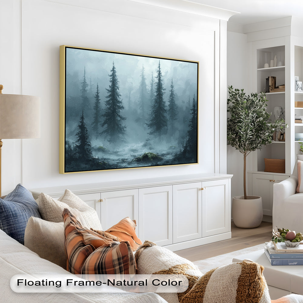 This moody landscape painting captures the essence of a foggy wilderness, with shadowy pines standing tall amidst the soft, swirling mist.
