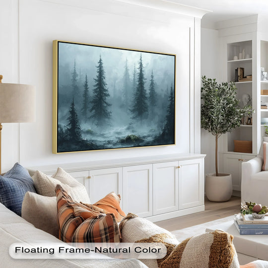 Dominated by muted blues and greens, this misty forest oil painting wall art evokes a sense of tranquility and the serene beauty of nature.