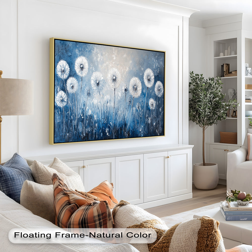 A serene botanical artwork featuring fluffy white dandelion seed heads against a misty blue-toned background.