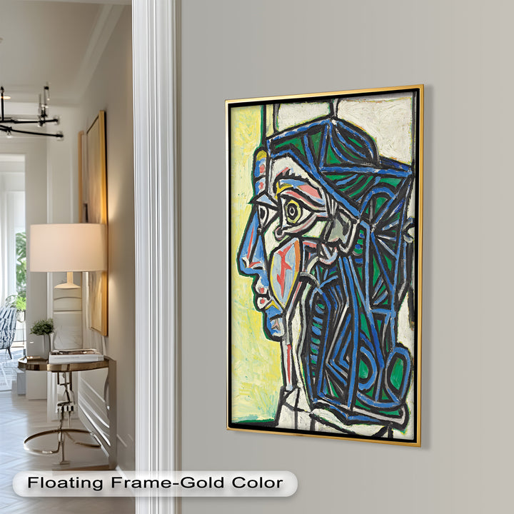 Angular Gaze – Geometric Portrait with Blue and Green Lines Picasso Oil Painting