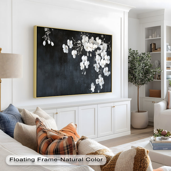 White Cherry Flowers on Midnight Blue - Flower Oil Painting