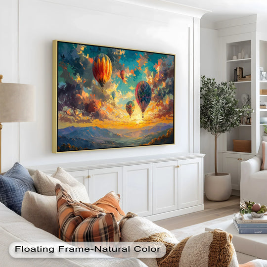 Featuring hot air balloons amidst a vibrant sunset sky, the central subject of this oil painting reproduction print offers a colorful and artistic focal point.