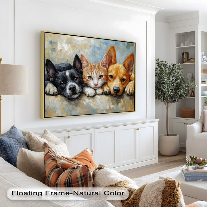 Cat and Dogs Resting Together - Animal Oil Painting