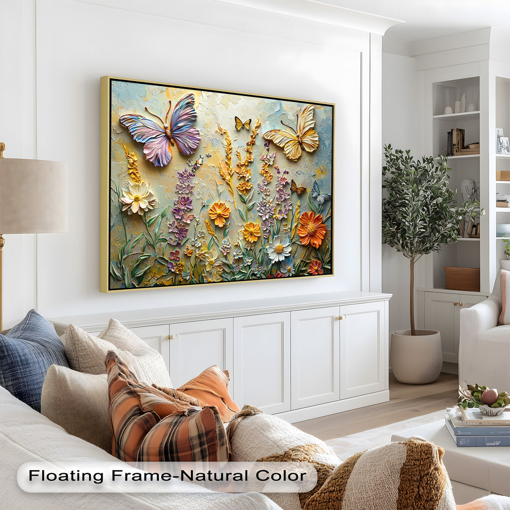 A stunning mixed-media wall art piece showcasing raised floral details with golden, purple, and orange blossoms surrounded by elegant butterflies in flight.