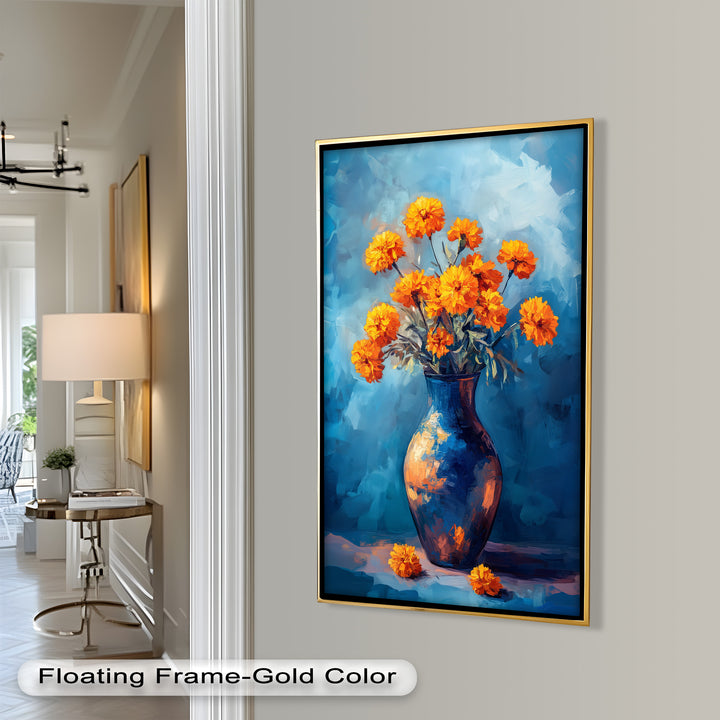 Golden Marigolds in Midnight Blue – Flower Oil Painting
