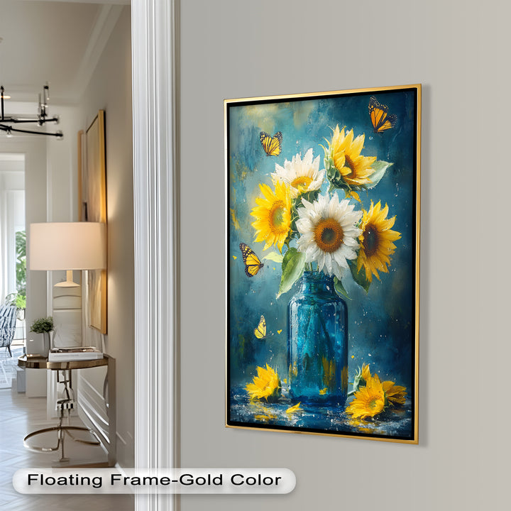 Sun-Kissed Radiance – Sunflowers in Blue Jar Flower Oil Painting