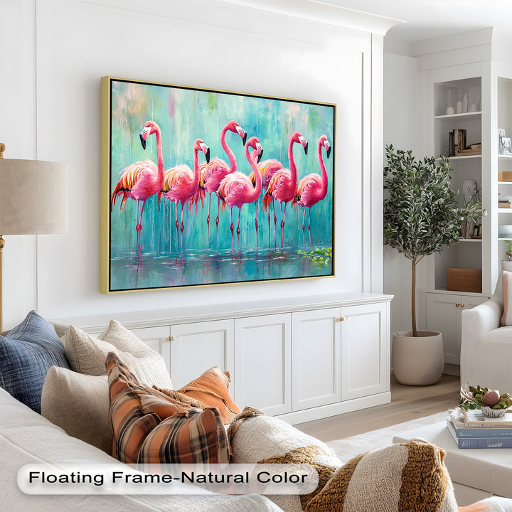 Flamingoschwarm auf dem Wasser – Tierölgemälde