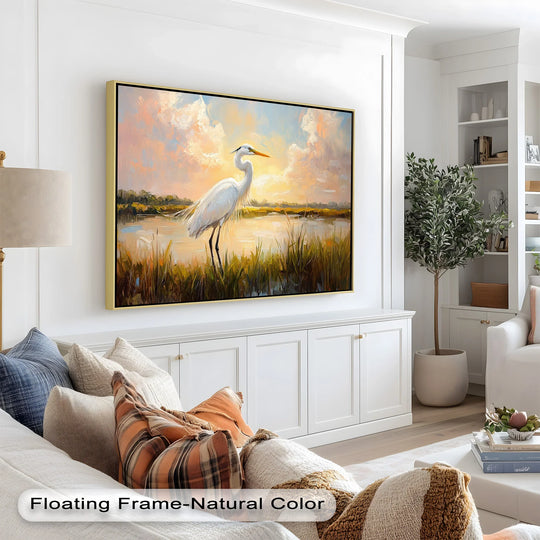 The serene background in this animal oil painting artwork captures a sunset scene with soft, blended colors creating a calming atmosphere.