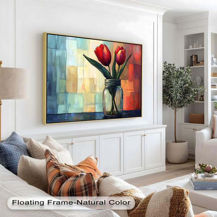 Red and Orange Tulips in Glass Vase – Bold Floral Oil Painting