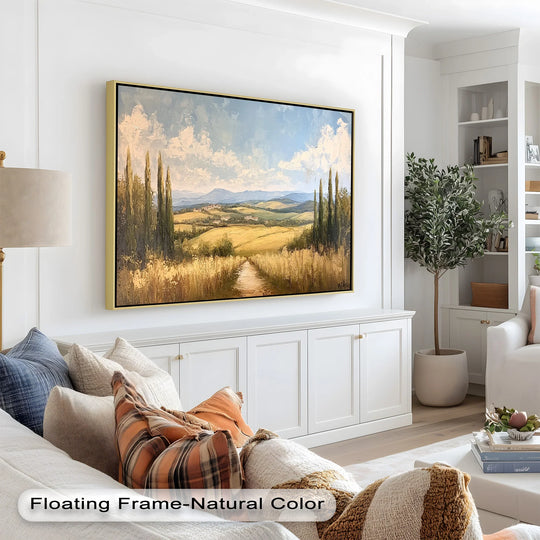 The darkest area anchors the vintage aerial view of rolling countryside in this oil painting home decor, showcasing the textured brushstrokes of the scenic landscape.