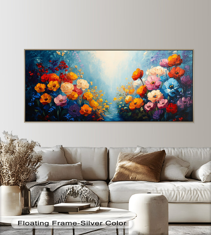 Multicolor Blossoms in Blue Radiance - Flower Oil Painting