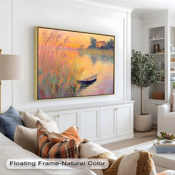 Golden Reeds and Sunset Rowboat – Impressionist Oil Painting